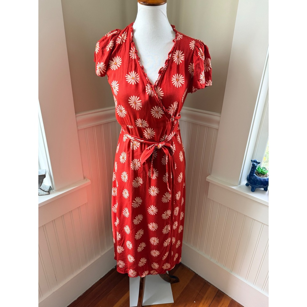Madewell Red Daisy Print Ruffle Wrap Midi Dress XS Summer Fun Brunch Market - Picture 2 of 10
